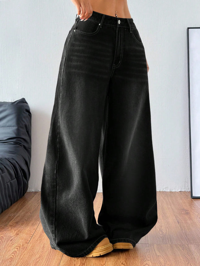 Cross-Border Foreign Trade Amazon European and American Black Wide-Leg Denim Washed Women's Jeans Loose Casual Floor-Length Trousers