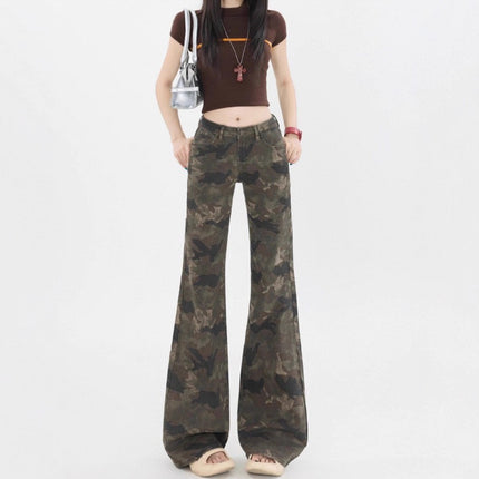 Camouflage Low-Waist Bootcut Jeans for Women 2025 Early Autumn New Loose Slimming Look Straight Leg Non-Stick Leg Flared Floor-Length Pants