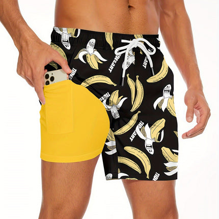 Men's Shark Pattern 2 in 1 Board Shorts with Drawstring and