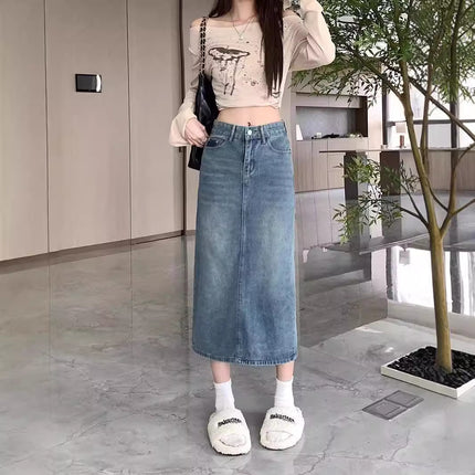 Denim Skirt Women's Autum Korean Style 2024 New Pear-shaped Figure High Waist Slim Mid-length Slit A-line Skirt