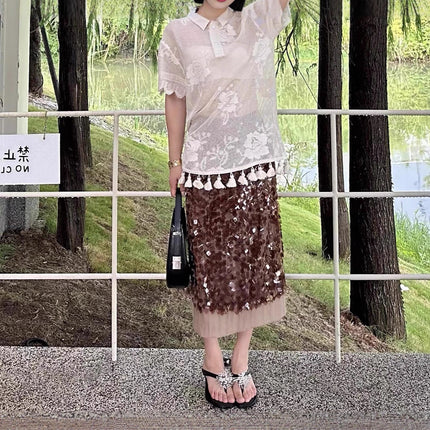 Autumn and Winter Warm-Toned Caramel Coffee-Colored Square Sequin Glitter Versatile High-End Splicing Straight Skirt