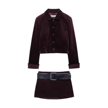 Autumn 2024 Amazon Fashion Women's Velvet Blazer with Belt Low Waist Mini Skirt Cross Border Batch