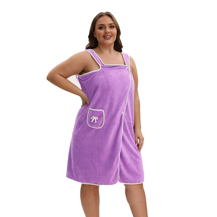 Cross-Border Large Size Coral Velvet Bath Skirt, Soft, Thickened and Absorbent, Cute Bow Pockets, Wearable Bath Towel Suspender Skirt