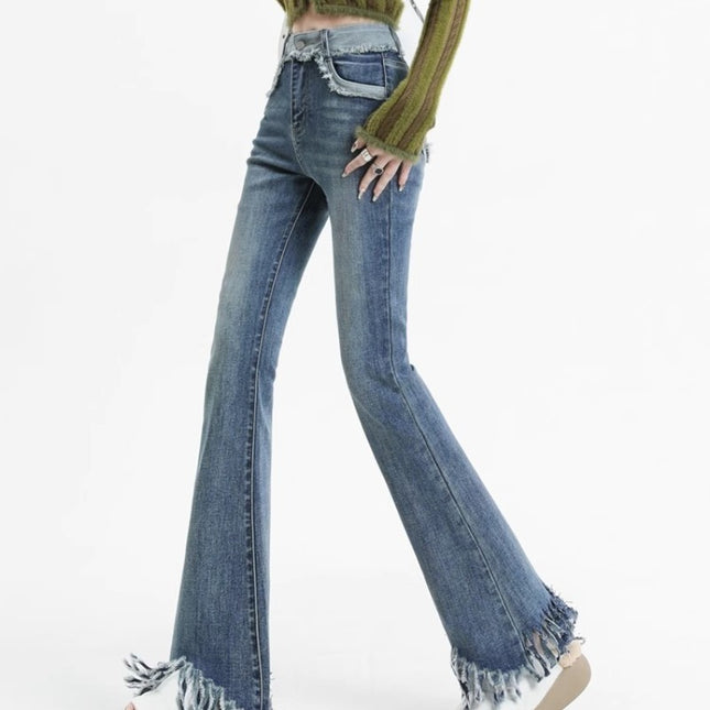 Vintage Tassel Micro-flared Jeans Women's Fashion All-match New High Waist Slimming Stretch Design Sense Trumpet Trousers