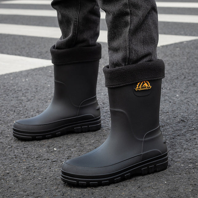 German Mid-Calf Rain Boots Men's Non-Slip Waterproof Mid-Calf Rain Boots Autumn and Winter Cotton Car Wash Work Rubber Shoes Fishing Water Shoes