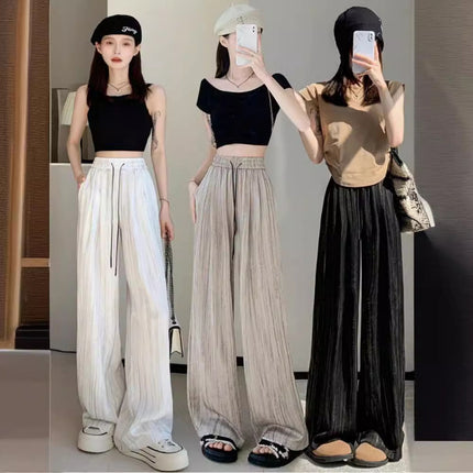 plus size 300kg ice silk ink painting wide leg pants women's summer thin casual high waist straight tube vertical mop pants chubby girl