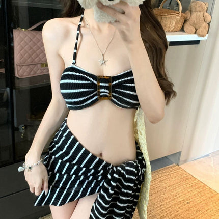 Source Manufacturer's Same Style Black Striped Sexy Tube Top Bikini Three-Piece Swimsuit for Hot Spring Vacation Summer