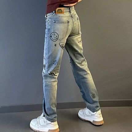 Men's Jeans Hand-Painted Spray High-End Trendy Brand 2025 Handsome Straight Light Blue Trendy Men's Casual Pants