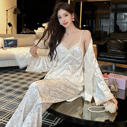New Style Gold Velvet Nightgown with Chest Pad Sling Trousers Three-Piece Set Women's Pajamas Sweet Sexy Lace Home Clothes