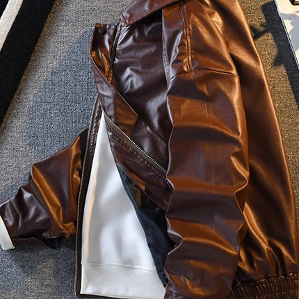 American retro motorcycle leather coat men's high-end feeling ruffian handsome lapel clip flow handsome top home figure# PU02