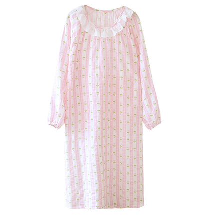 Women's Cotton Crepe Long Sleeve Lace Crewneck Nightdress Spring and Autumn Princess Style Seersucker Pajamas Outer Wear Home Dress