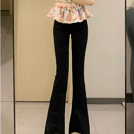 Tall Women's Black Flared Jeans, Spring High-Waisted Slim Fit Stretchy Floor-Length Bootcut Pants