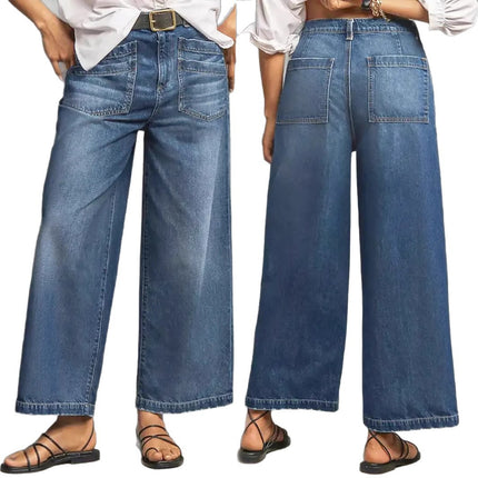 European and American Cross-Border Elastic Mid-Waist Wide-Leg Plus-Size Jeans Retro Washed Hem Brushed Pocket Cropped Pants