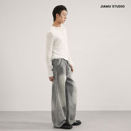 Jiamu Gray American High Street Baggy Jeans Unisex Wide-Leg Jeans for Men and Women Loose Silhouette Banana Pants