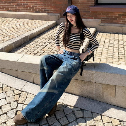 Raccoon House # American Retro Distressed Heavy Wash Denim Jeans for Women 2025 Autumn Loose Straight Wide-Leg Floor-Length Pants