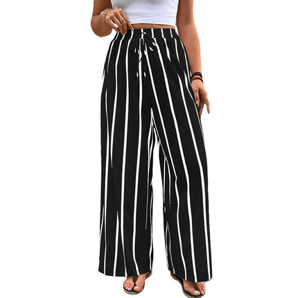 Vintage Striped Wide-Leg Pants for Women, High-Waisted Loose Brushed Trousers, New European and American Cross-Border Women's Fashion