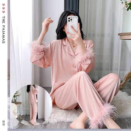 Fashionable New Ostrich Feather Bridal Robe, Ice Silk Pajamas, Silky Touch, Comfortable to Wear, Women's Pajama Set