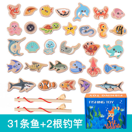 Magnetic Wooden Barrel Marine Fishing Toy Children's Early Education Educational Cognitive Fun Boys and Girls Parent-Child Games