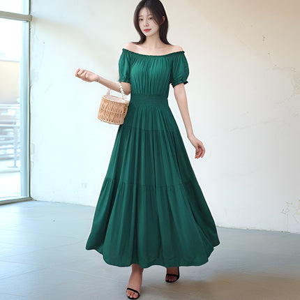 Cross-border cotton silk clear color off-shoulder dress Southeast Asian elastic waist beach skirt Bohemian long skirt