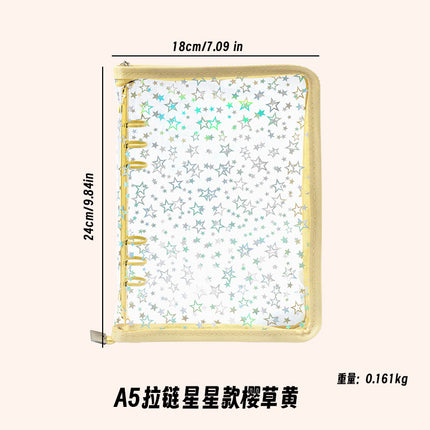 Japanese A5 Transparent Loose-leaf Black Glitter Zipper 6-hole Notebook Ins Style Star Chaser Ledger PVC Case