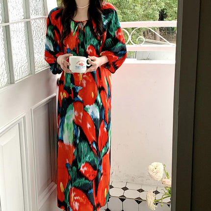 2026 New Cotton Silk Nightgown for Women, High-End Printed Short-Sleeved Long Dress, Large Size, Thin Style, Can Be Worn Outside as Loungewear