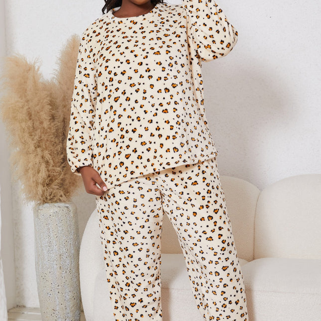 Foreign trade wholesale plus size pajamas leopard flannel pajamas two-piece set warm pullover round neck temu Xiyin cross-border