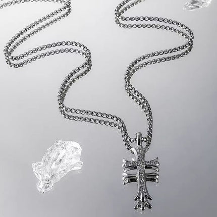Titanium Steel Cross Necklace with Diamonds, Unisex European and American Cross-Border Jewelry, Hip-Hop High-End Accessories, Sweater Chain, Hoodie Chain