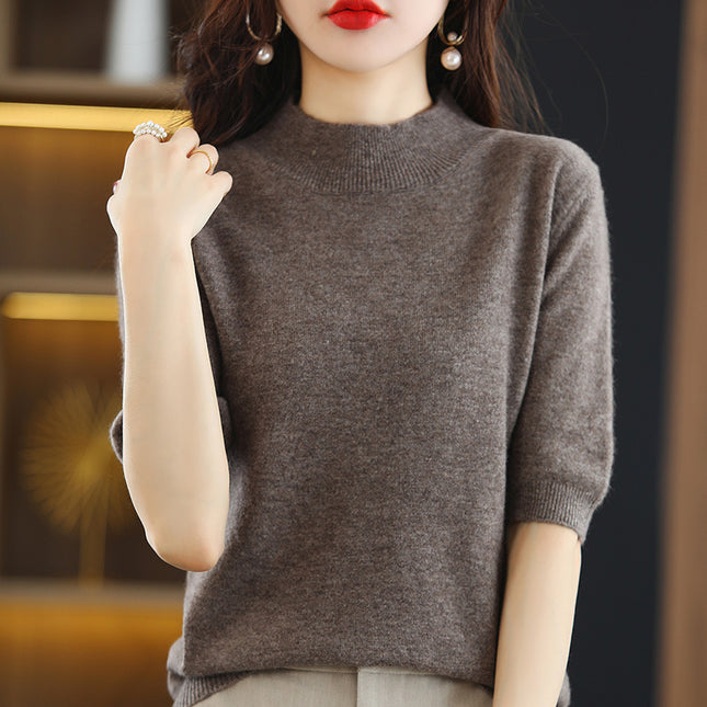 Spring and Autumn New Style Half Turtleneck Mid-Sleeve Bottoming Shirt Thin Knitwear Women's Loose Knitted Knitwear Short-Sleeved Three-Quarter Sleeve Top