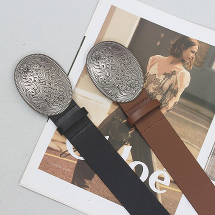 Retro retro Western style PU leather belt for women 2023 autumn new high-grade copper buckle belt