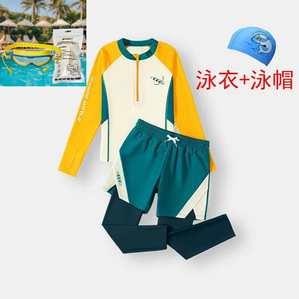 Baby Boy, Middle and Large Children, Slim Long-Sleeved Split Swimsuit Suit, Super Fairy Cut Out Kindergarten Summer Sports Three-Piece Suit