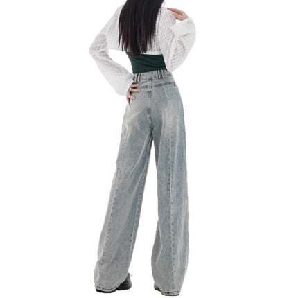 Retro Draped Jeans for Women, Summer Style, High-Waisted Hot Girls, Loose Casual Straight-Leg Floor-Length Wide-Leg Pants