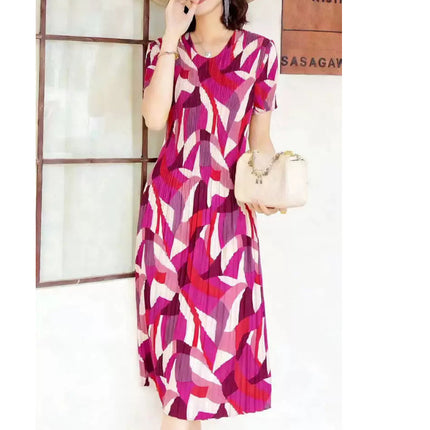 Miyake pleated 2025 summer new temperament round neck printed pleated skirt fashion waist thin magic dress