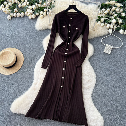 High-Quality 2025 Autumn Chanel-Style Private Wear for Socialites, Women's Knit Slit Dress with Round Neck and Bodycon Skirt