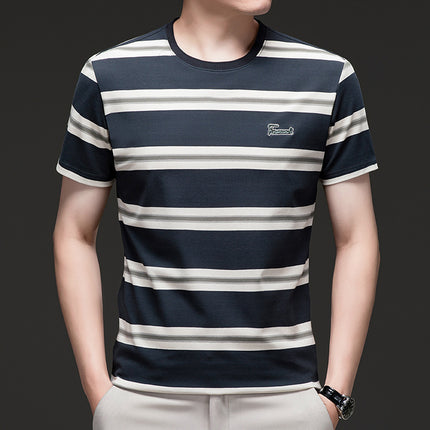 Mingdi Mouse Men's Summer New Short-sleeved Pure Cotton Crewneck T-shirt Business All-match Striped Young and Middle-aged Men's T-shirt