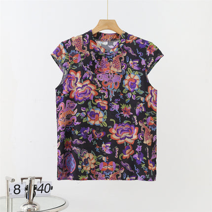 Chinese-Style Button Cotton Silk T-Shirt for Women, Summer Thin Large-Size Rayon V-Neck Pullover Printed Top, National Trend