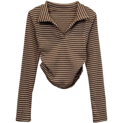 South Korea's Dongdaemun New Product Polo Collar Pinstripes Elastic Waist Short Long-Sleeved T-Shirt Top Women's Trendy