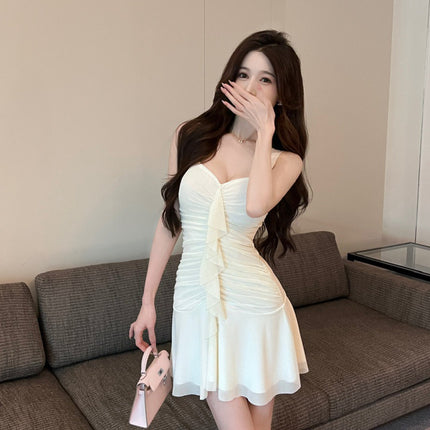 Sexy Mesh Tassel Stitching Ruffled Sling Hip Dress Spice Girl Figure Low-cut Deep V Skirt