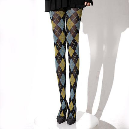 Diamond Plaid Leg Socks Slim Retro Leggings Stocking Dark Green Red Sexy Thigh Socks Pantyhose Stockings