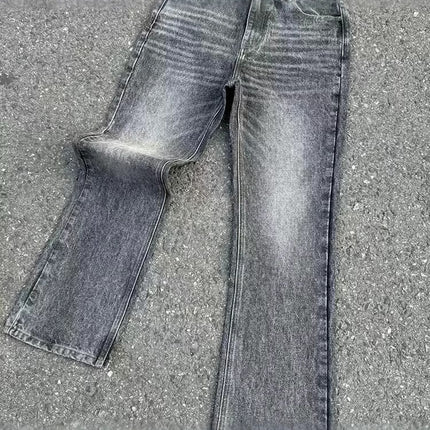 2025 Cross-Border Black and Gray Marble Washed Bootcut Jeans Clean Fit Style Retro Pants Trend