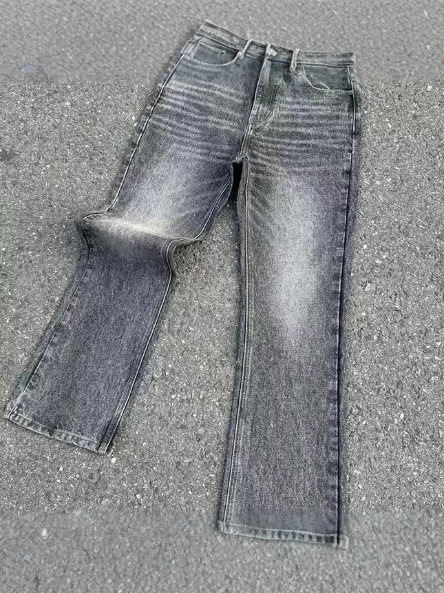 2025 Cross-Border Black and Gray Marble Washed Bootcut Jeans Clean Fit Style Retro Pants Trend