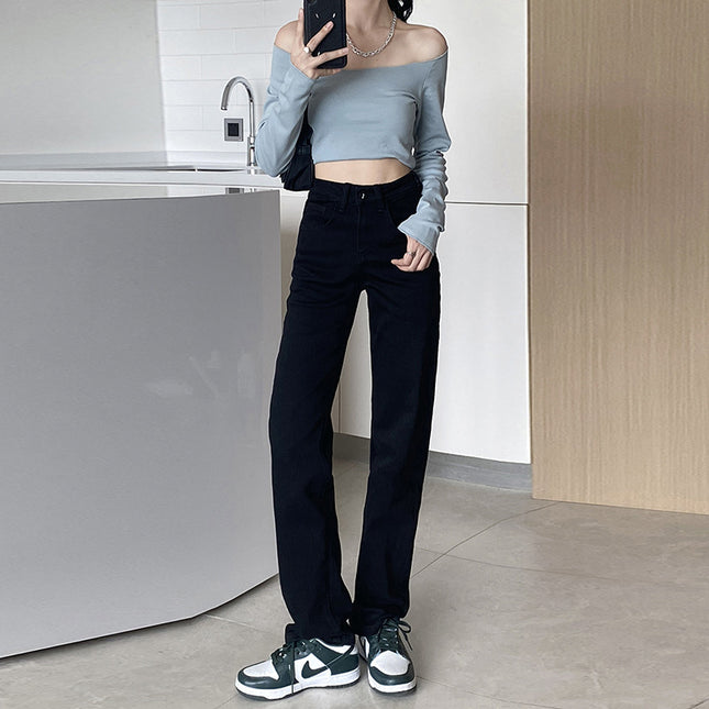 Women's High-Waisted Black Straight-Leg Jeans, New for Autumn 2025, Stretchy, Extended Length, Slightly Flared, Slimming Wide-Leg Pants