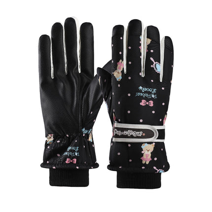 Wholesale Women's Cartoon Velvet Ski Gloves Winter Outdoor Windproof and Cold-Proof Warm Gloves Waterproof and Non-Slip Gloves