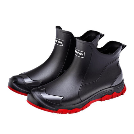 Chinese Style Black and Red Short Waterproof Boots Eco-Friendly Rain Boots Chinese Trend Outdoor Black Dirt-Resistant Anti-Fouling Large Size Unisex Wading Shoes