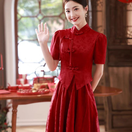 Chinese Style Toasting Dress New Style Bride's Vertical Collar Long Sleeve Slimming Back Door Dress Red Engagement Dress Women's Cheongsam Xiuhe Dress