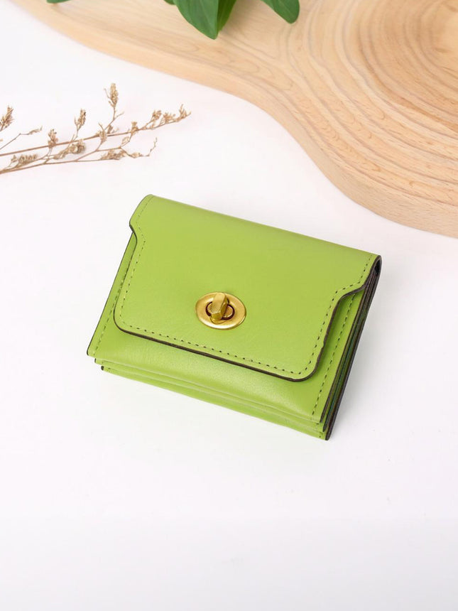 New Stylish Multi-Compartment Lock Buckle Card Holder Versatile Retro Mini Coin Purse Solid Color Trendy Women's Leather Wallet