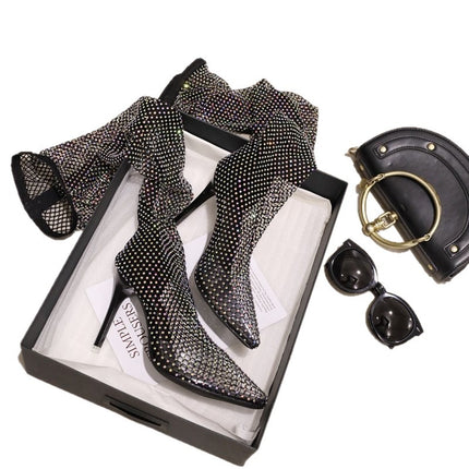 Women's Cut-Out Over-The-Knee Boots, Internet Celebrity Style, Bling Bling Rhinestone Stiletto Fishnet Boots, Fashionable Ins High Heels