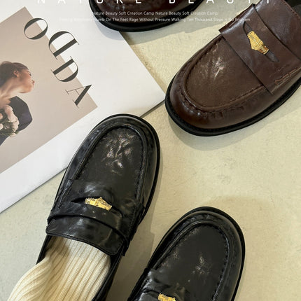 Natural Curly Genuine Leather Gold Coin Lazy Loafers for Women, Retro Elegant, Commuter Autumn and Winter New British Square Heel Small Leather Shoes