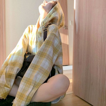 Light Turmeric/Black and White Gray Handsome Plaid Oversize Woolen Hooded Shirt Top for Women Autumn