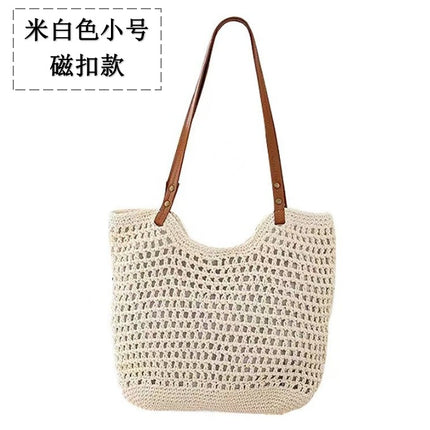 New Shoulder Straw Woven Bag Women's Cotton Threads Hand Woven Bag Large Capacity Tote Bag Holiday Style Beach Bag Women's Bag