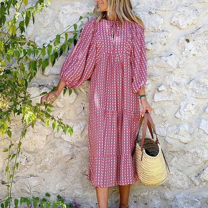European and American Plus-Size Women's Loose-Fitting Bohemian Round-Neck Lantern-Sleeve Sweet Girl Dress Wholesale from Source Factory